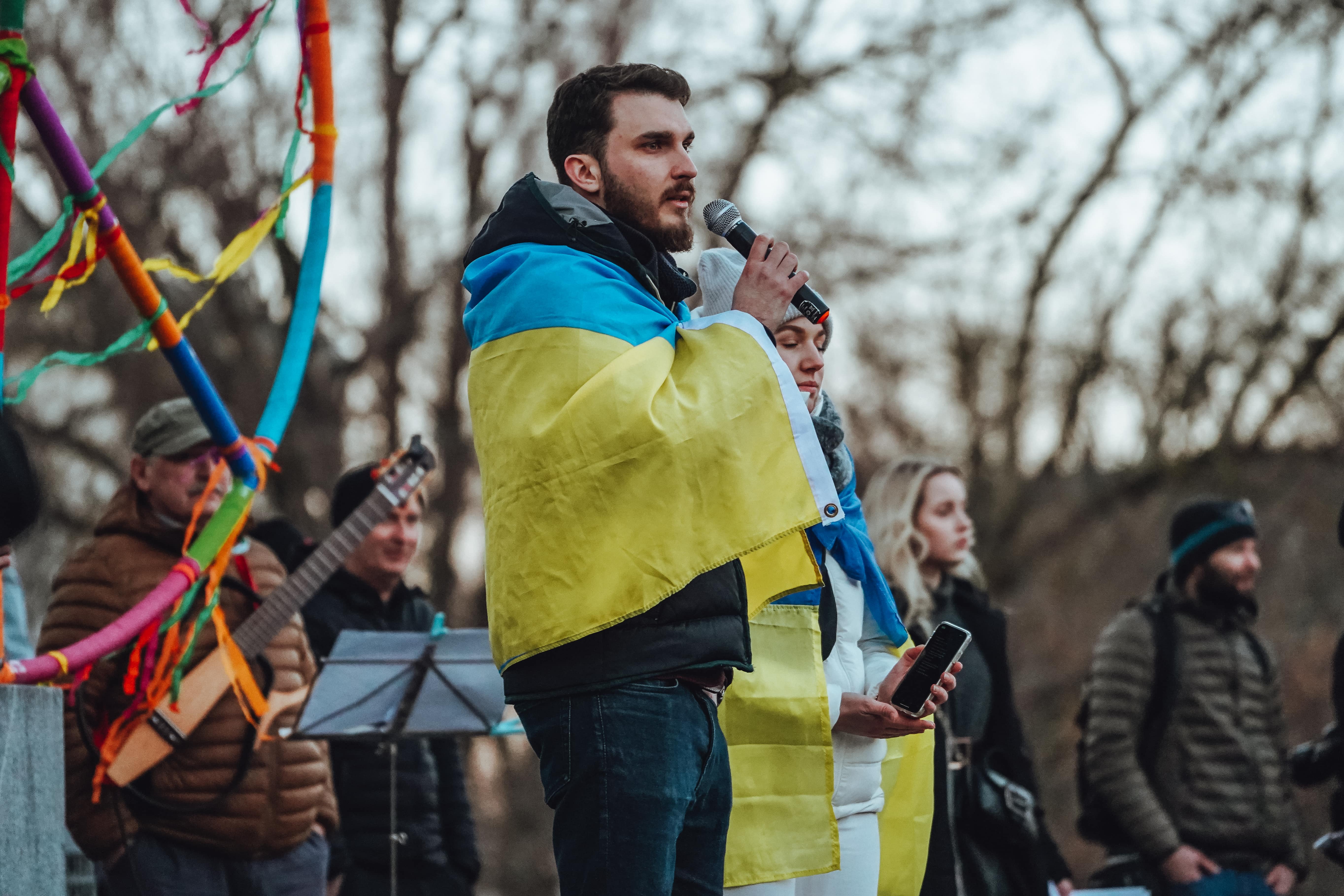 Ukrainian Erasmus student having a speech during a protest rally in Ljubljana, Slovenia